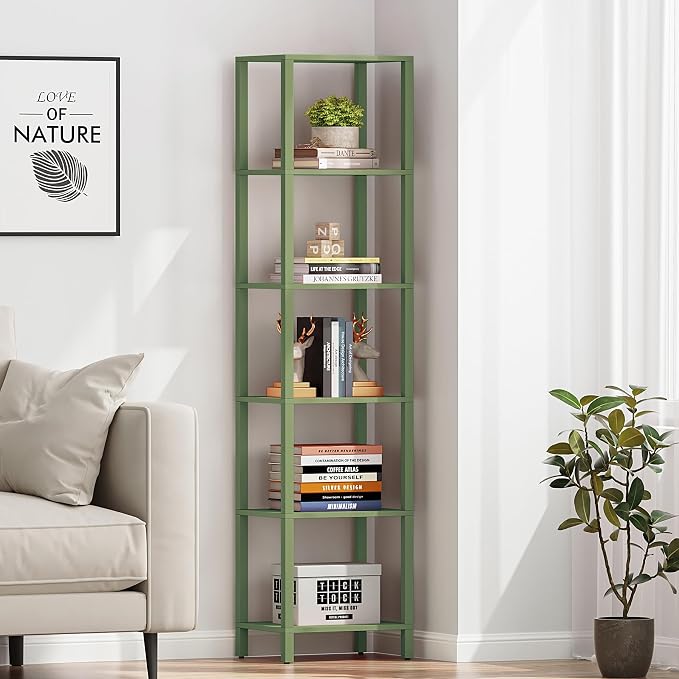 TUTOTAK Bookshelf, 6-Tier Tall Book Shelf, Narrow Bookcase for Small Space, DIY Stackable Bookshelf, for Living Room, Office, Study, Entryway, Industrial, Olive Green BS01BOG006