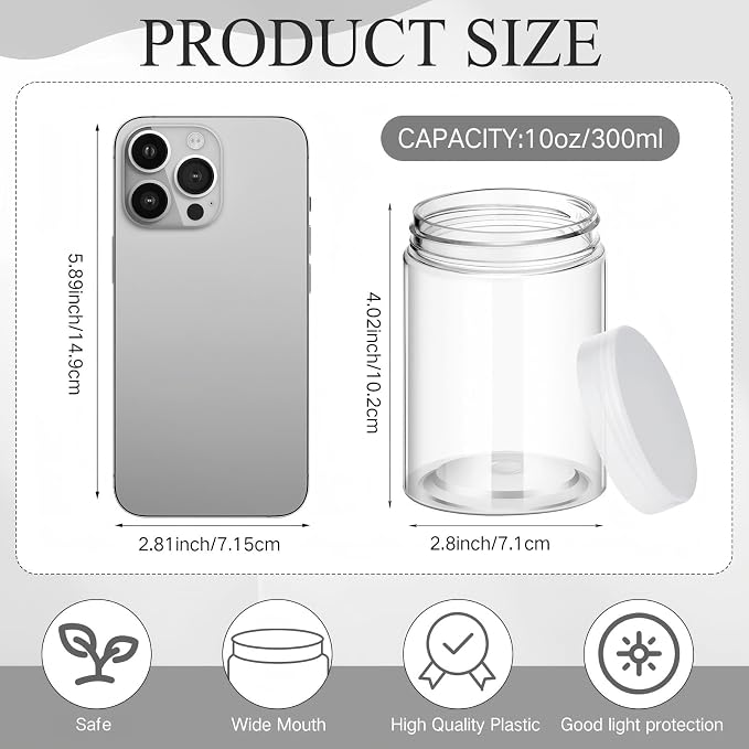 SATINIOR 12 Pack Plastic Container Jars with Lids Round Clear Travel Cosmetic Container Jars for Toiletries, Lotion, Cream, Ointments, Makeup, Rhinestone, Samples, Kitchen Storage(10 oz,Clear)