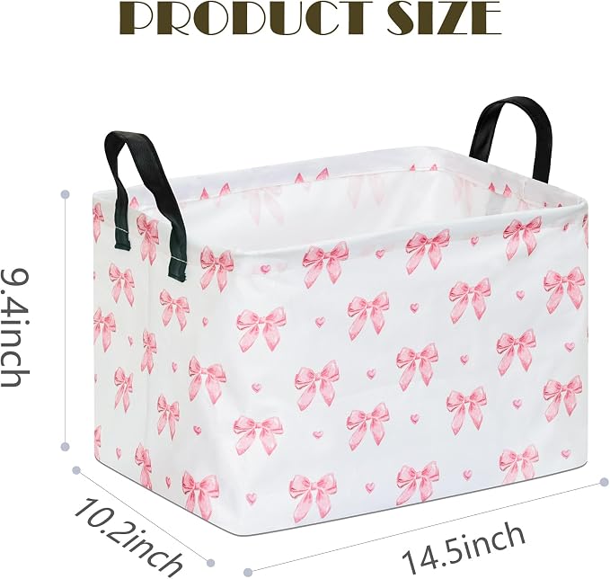 Pink Bow Canvas Storage Basket Waterproof Laundry Hamper with Leather Handles Collapsible Decorative Bin for Girls Bedroom Toys Clothes Gift Giving