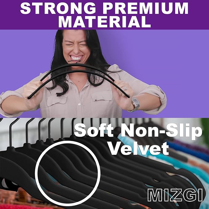 MIZGI Premium All Black Velvet Hangers with Black Hooks 100 Pack Heavy Duty - Non Slip Felt Hangers - 360 Degree Swivel,Space Saving Clothes Hangers,Durable Strong Hangers for Suits,Coat