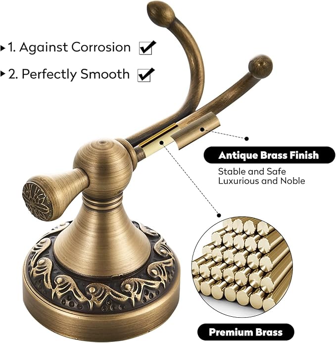 Leyden Antique Brass Towel Hook, Bathroom Robe Hooks, Brushed Double Coat Clothes Hanger Hook Vintage Style Wall Mounted