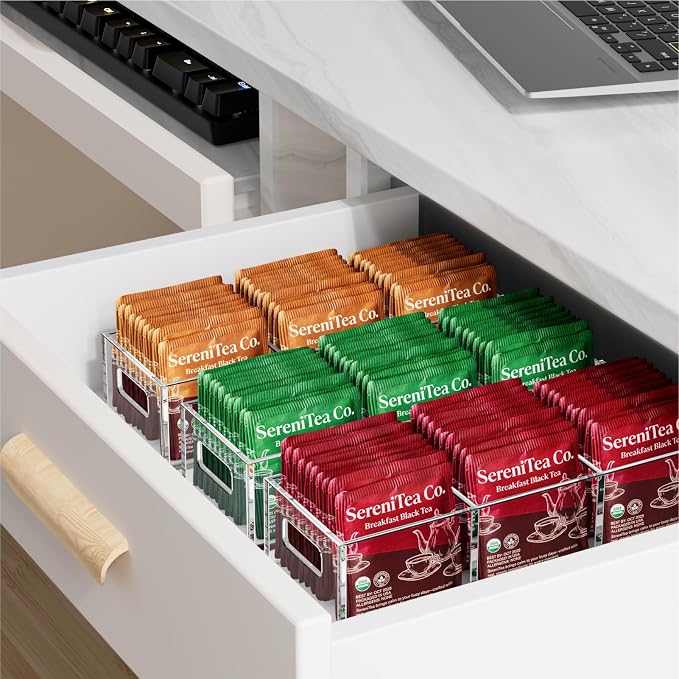 FUCDTEFC Tea Bag Organizer, Small Clear Tea Bag Holder for Drawer Kitchen Cabinets Pantry Countertops Organizers Storage, BPA-Free Acrylic Coffee Pods, Sugar Packets,Plastic Teabag Bins Home Organizer