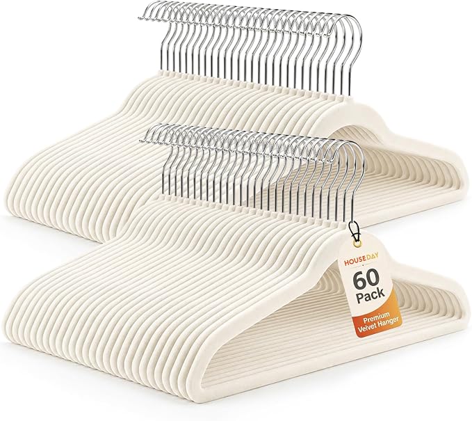 HOUSE DAY Ivory Velvet Hangers 60 Pack, Sturdy Non Slip Hanger Wrinkle-Free | Clothes Hangers with 360° Swivel Hook, Heavy Duty Slim Felt Hangers for Closet Space Saving, No Shoulder Bumps for Shirt-75g