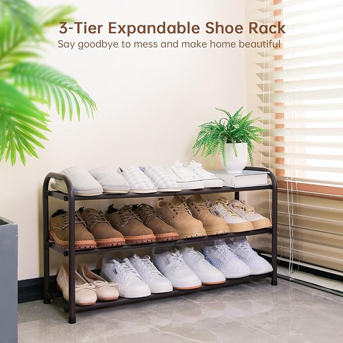 Gonfoam Shoe Rack for Closet, Expandable Shoe Organizer Storage Shelf, Adjustable Metal Free Standing Small Closet Shoe Rack for Entryway, Doorway (3-Tier Bronze)