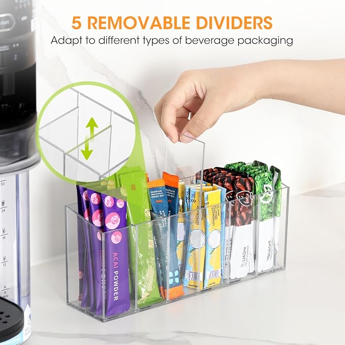 AIEVE Drink Packet Organizer, Water Drink Packet Holder with Removable Divider, Water Flavor Packet Organization Container for Kitchen Organizers and Storage (6 Compartments)