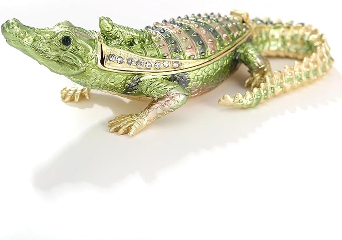 Hand Painted Animal Trinket Box for Home Decor, Hinged Jewelry Organizer Storage, Unique Personalized Collectible Keepsake Figurine Handmade Decorative Ornament Gifts (Crocodile)