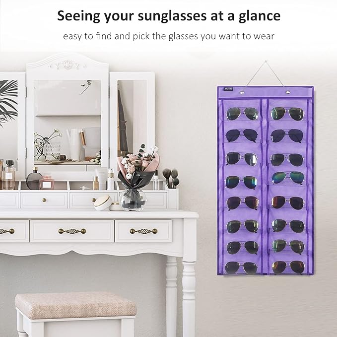 Over the Door Hanging Sunglasses Organizer Storage Sunglass Rack Holder Eyewear Display Case with 16 Clear Dust Proof Pockets (16 Pockets-Purple)
