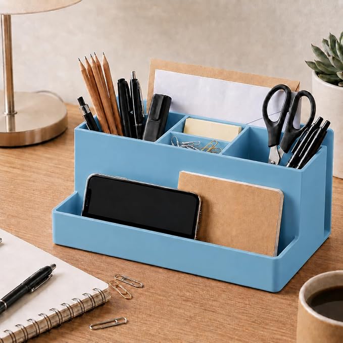 Acrimet Desktop Organizer - Multi Organizer Caddy Holder for Office, Home and School use (Plastic) (Solid Blue Color) | Office Notebook, Briefcase, Pads & Accessories