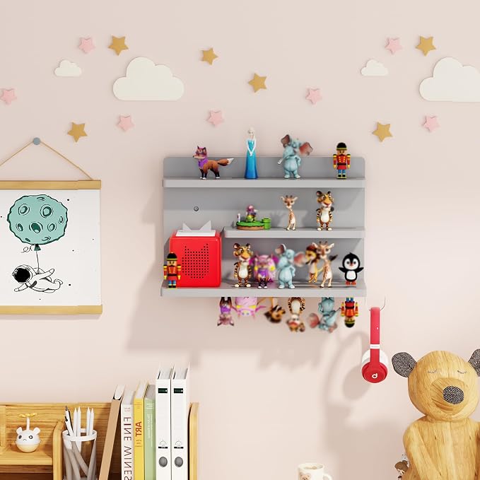 for Tonies Shelf Magnetic - 3 Tier Wooden Tonies Figure Organizer, Grey | Tonies Box Holder, Magnetic Display Shelf for Kids Room, Wall Floating Shelves Toy Storage Compatible Charging Station