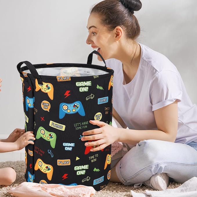 Zhehao 2 Pcs Gamer Laundry Basket Boys Kids Laundry Hamper Gamer Room Decor Gaming Storage Basket Hamper Clothes Organizer Nursery Toy Storage Bin for Gifts Bedroom Bathroom Decoration(Classic)