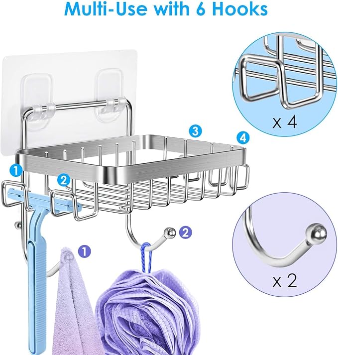 ODesign Soap Dish Holder SUS304 Stainless Steel with 6 Hooks Loofah Bath Sponge Towel Razor Holder for Bathroom Shower Kitchen Adhesive Wall Mounted No Drilling-Silver-2 Pack