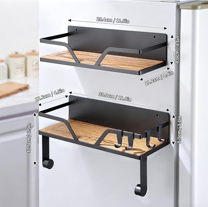 SUNTECH Magnetic Paper Towel Holder with Shelf, 2 Pack Kitchen Roll Holder with 4 Hooks, Farmhouse Spice Rack Organizer Strong Magnets for Fridge, Grill, Black