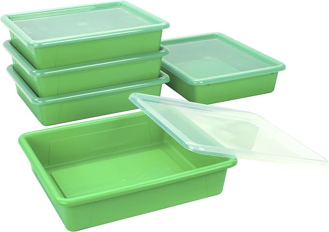 Storex Letter Size Flat Storage Tray – Organizer Bin with Non-Snap Lid for Classroom, Office and Home, Green, 5-Pack (62539U05C)
