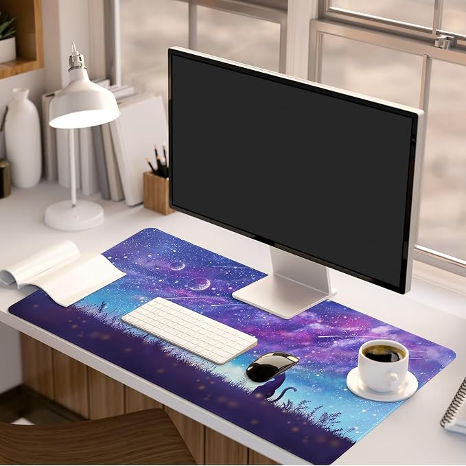 Purple Gaming Mouse Pad XL Cat Cute Desk Pad Keyboard Mat Kawaii Cat Sky Mouse Pad Blue Desk Mat Decor with Stitched Edges Non-Slip Large Computer Mat 31.5"x11.8"