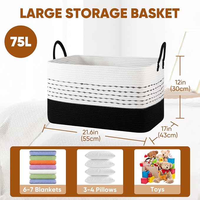 OIASKET 75L Large Cotton Rope Storage Basket, Soft Decorative Blanket Basket for Living Room & Bedroom, Boho Laundry Hamper with Handles Capable of Holding Pillows, Clothes and Toys-Black & White
