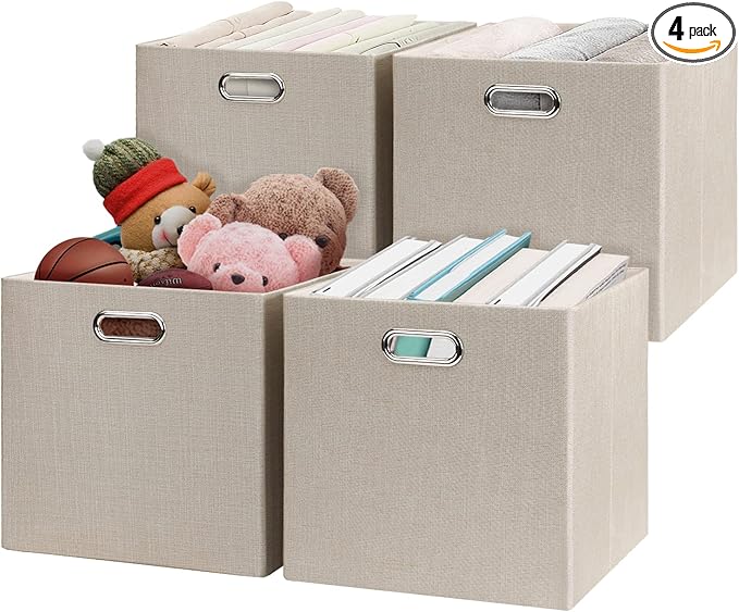 Posprica Storage Cube Basket Bins,13×13 Foldable Storage Boxes for Closet Organizer Shelf Cabinet Bookcase,Thick Fabric Drawer,Set of 4, Beige