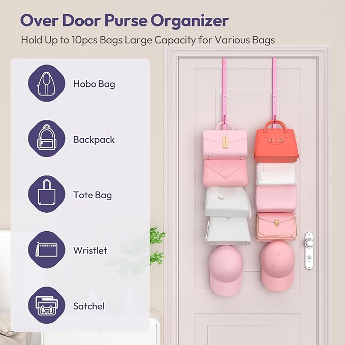SWTYMIKI Over the Door Purse Organizer - 2 Packs Wall Mounted Purse Rack with 5 Hooks Design, Hanging Handbag Organizer Storage Holds up to 10 Bags, Bag Rack for Closet, Door (Pink)