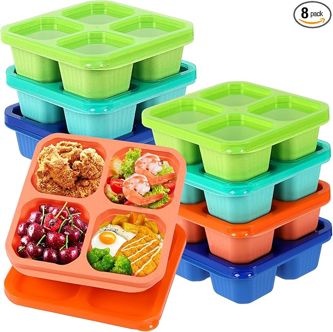 buluker 8 Pack Bento Snack Containers Set， 4 Compartment Food Storage Containers ，Wheat Straw Meal Prep Lunch Box ，Plastic Food Storage container, Microwave and Dishwasher Safe (Bright color)