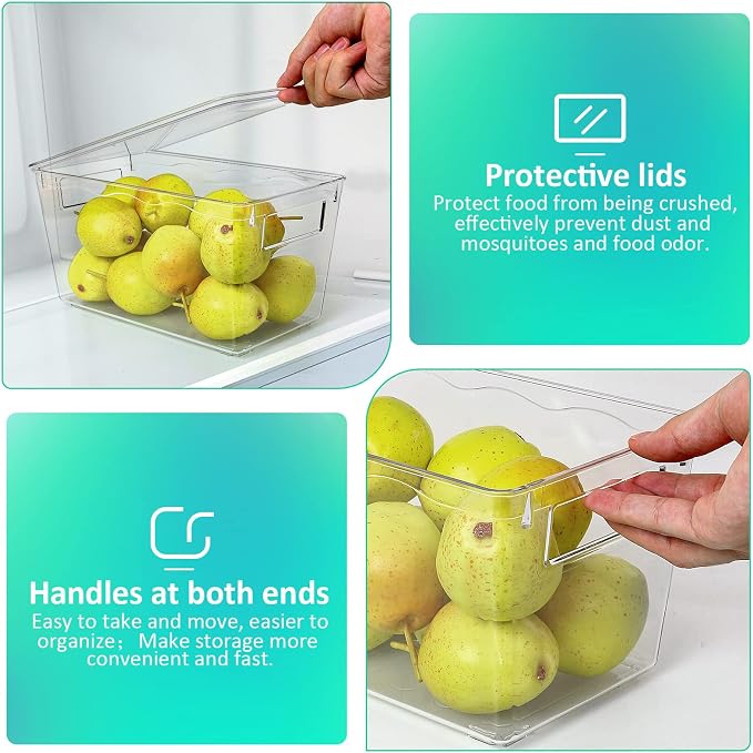 KAMOTA Plastic Storage Organizer Basket Bin with Handles and Lids for Bathroom, Pantry, Kitchen Cabinet, Fridge, Closet, Bedroom, Office and Home Organization - 8 pack - Clear