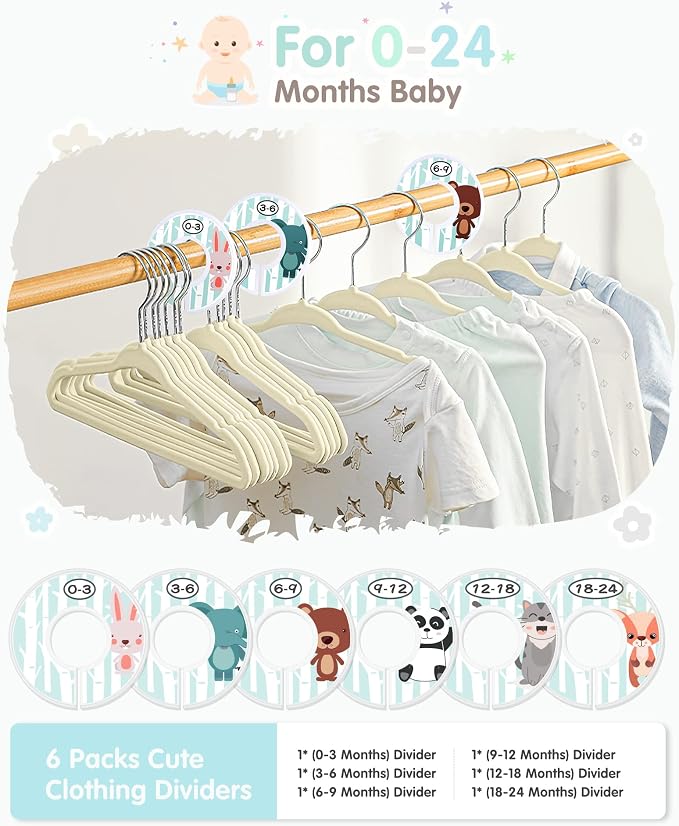 VIS'V Velvet Baby Hangers with 6 Pcs Size Dividers, 11 Inch, Beige, 30 Pcs | Compact Size, Non Slip, Infant Toddler Nursery Closet Organization