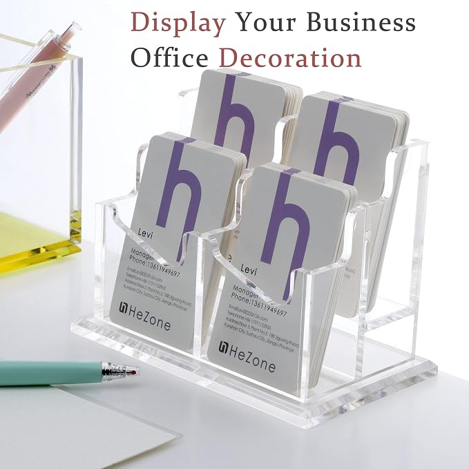 HeZone Business Card Holder Vertical Business Card Display for Desk 4 Slot Acrylic Cards Stand for Women and Men (4 Slot Vertical)