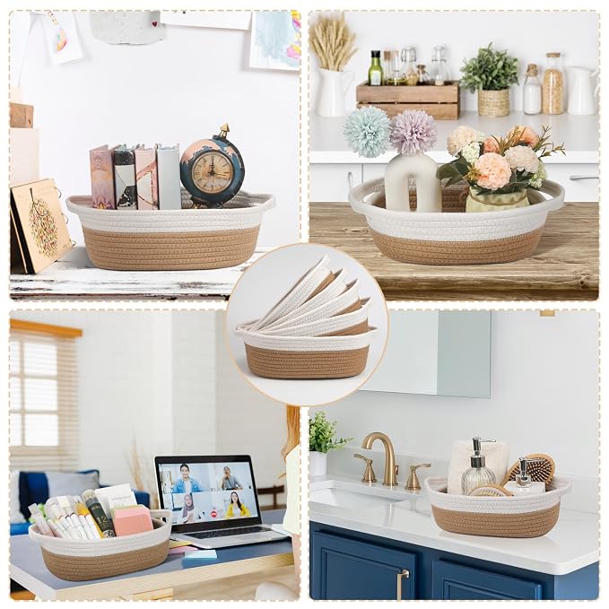 VOOWO Set of 5 Woven Rope Baskets for Storage, Organizing, Nursery, Shelves - Small Baskets for Gifts Empty (Off White & Jute)