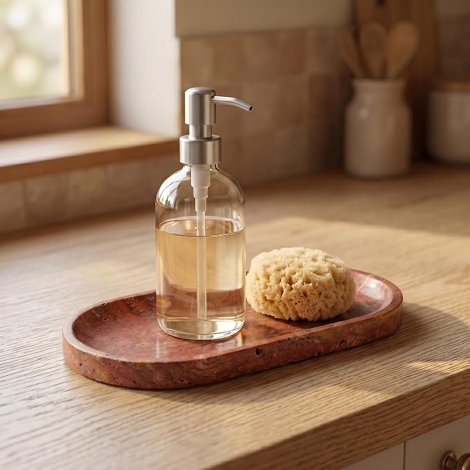 YKAJO Red Travertine Oval Marble Tray, 9.8x4.7 Vanity Perfume Organizer | Honed natural stone; jewelry & trinket dish, ring & key holder, soap & candle catchall; bath counter, dresser, coffee table