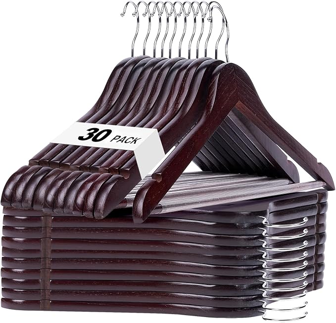 HOUSE DAY Cherry Wooden Hangers 30 Pack, Solid Wood Hanger with Non Slip Pant Bar, Heavy Duty Wooden Coat Hanger for Closet, Smooth Finish Wood Clothes Hangers for Shirts, Suits, Jackets, Dress
