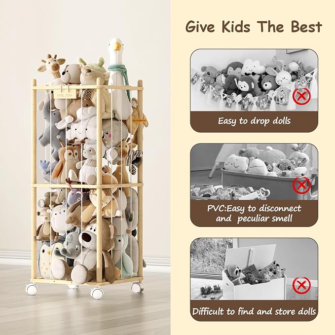EXPERLAM Stuffed Animal Storage Zoo with Wheels,Montessori-Inspired Solid Pine Wood Plush Toy Organizer,Stuffed Animal Holder with Thick Elastic Cords for Kids Room,Nursery and Bedroom,Small