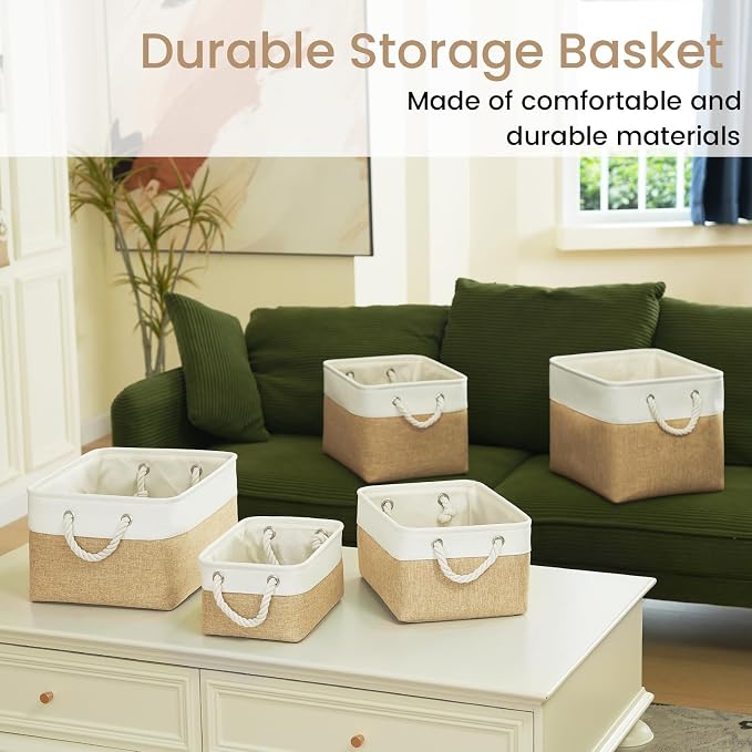 Large Storage Baskets- 15.7x11.8x8.26 inch Storage Bins for Shelves and Closet Organizing, Foldable Fabric Bin for Home Organization Clothes and Laundry (3-Pack, White&Khaki)