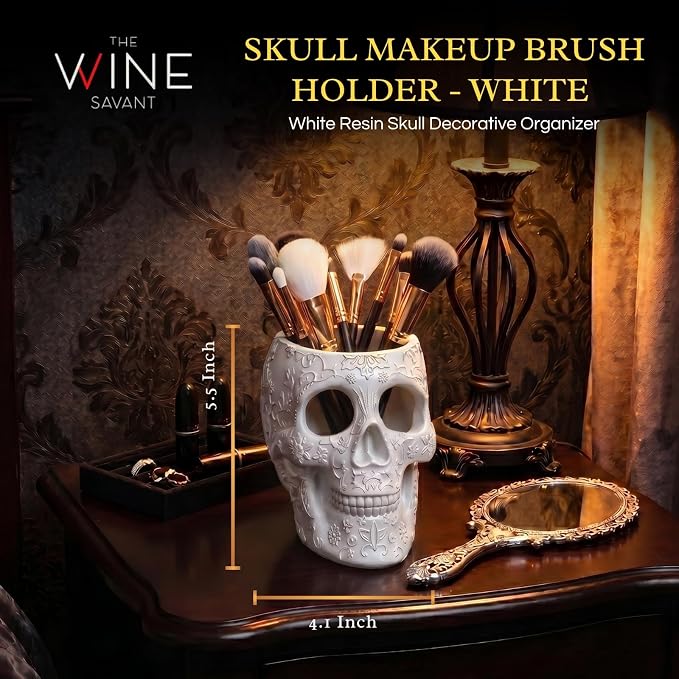 Skull Makeup Brush, Candy Bowl & Pen Holder, Bowl, Spooky Goth Decorations, Extra Large, Strong Resin, Skeleton Skulls and Bones Organizer Bathroom Trick Or Treat Decor by Gute (White)