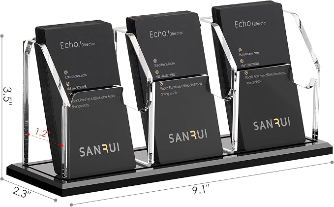 SANRUI Black Vertical Business Card Holder for Desk 3 Slot 1 Tier, Clear Acrylic Name Card Stand for Women and Men, Desktop Organizer Display for Office Home Exhibition - 180 Card Capacity 1 Pack