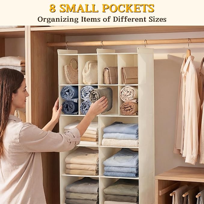 5 Tier Hanging Closet Organizer, 14 Compartments Dual Row Storage, Beige | Closet Organizers and Storage with Large & Small Cubbies, 3 Sturdy Hooks Support Heavy Loads, Ideal for Dorm, Garment Rack