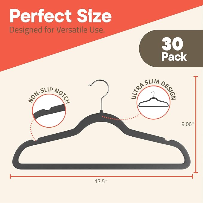 Gray Velvet Hangers 30 Pack – 360° Swivel Hook, Non-Slip and Space Saving Hangers, Heavy-Duty 11 lbs Weight Capacity - Smooth Velvet Finish for Crease-Free Clothes and Effortless Closet Organization