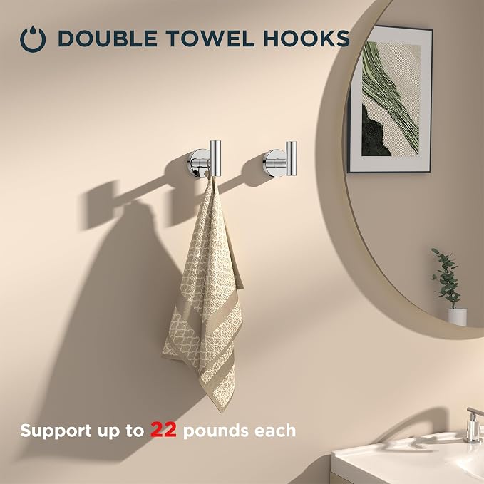 FORIOUS 4 Piece Bathroom Accessories, SUS304 Stainless Steel Toilet Paper Holder, Towel Ring and 2 Towel Hooks, Wall Mounted Bathroom Hardware Set (Chrome)