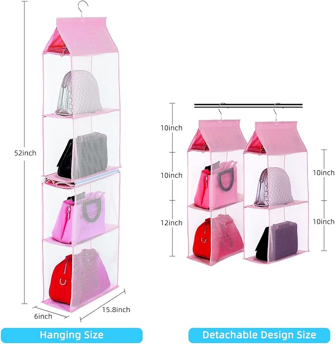 KEEPJOY Closet Purse Organizer, Hanging Handbag Organizer with 4 Heavy-Duty Mesh Shelves Closet Purse Storage Bag (Pink)