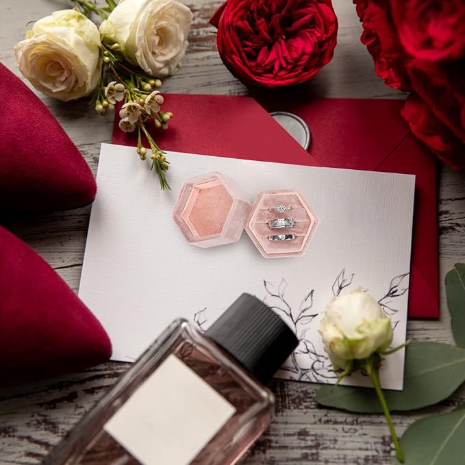 WantGor Velvet Jewelry Ring Box, 3 Slots Hexagon Ring Gift Box Ring Holder | Vintage Ring Display Case for Wedding Ceremony Proposal Engagement (Blush Peach, 3 Slots)