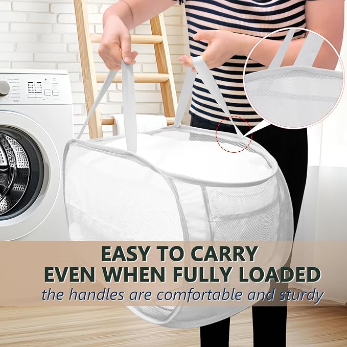 Pop Up Laundry Hamper,Collapsible Horizontal Baskets with Handles & Side Pocket,Foldable Sturdy mesh for Laundry Room,Bathroom,Kids Room,College Dorm or Travel (White)