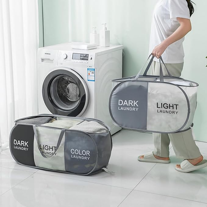 TECHMILLY Collapsible Laundry Basket Durable Pop Up Hamper with 2 Compartments for Sort and Storage, Portable Dirty Clothes Hamper for Dorm, Laundry Room or Travel (Black + Grey + Begie)