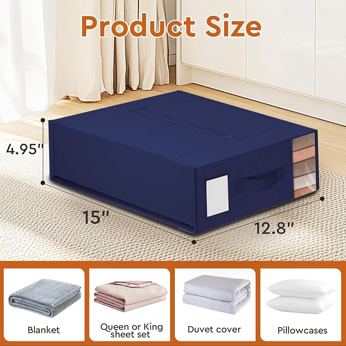 StorageTastic 4 Pack Bed Sheet Closet Organizers and Storage,Sturdy Foldable Storage Containers with Window and Label,Storage and Organization for Bedding Sheets,Duvet Covers,Blankets (Blue)