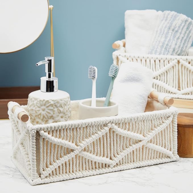 Okuna Outpost Macrame Storage Basket Set - Macrame Shelf Baskets for Storage - Cotton & Wood Handle Organizer for Bathroom & Nursery Decor - Pack of 2, Ivory, 13.5 x 6.5 x 4 & 12 x 5.5 x 4 in