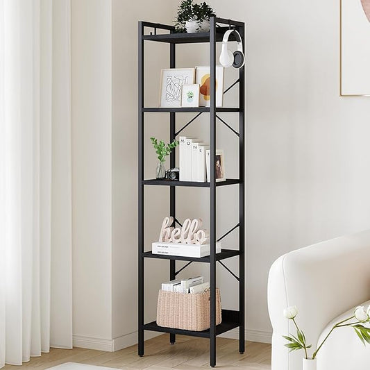 Hzuaneri Bookshelf, Book Shelf, Industrial Bookcase with 2 Hooks, Coner Shelf Storage Organizer for Home Office, Living Room, Bedroom, Kitchen, 5-Tier Black BC10504B