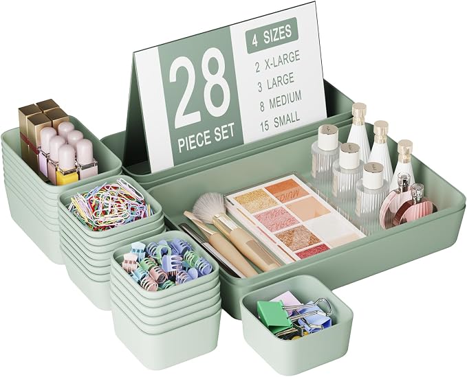 Drawer Organizers Bins 28 PCS for Bathroom Makeup Desk Office | with Non-slip Pads, 4 Sizes, Plastic Tray, Vanity Organizer, Kitchen Utensils Organizer