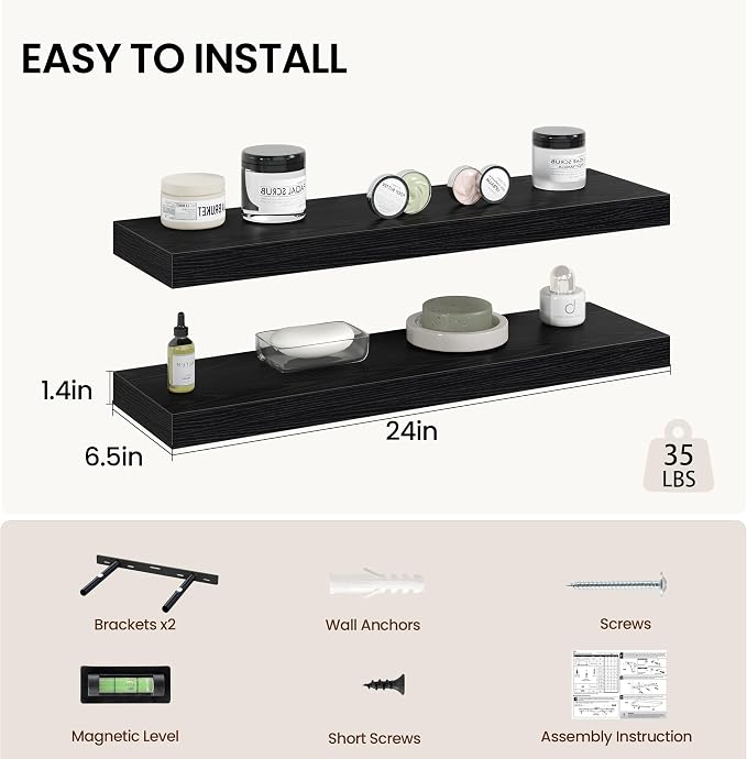 Vivelove 24 Inch Floating Shelves Wall Mounted for Display, 6.5 Deep Duty Shelves with Invisible Brackets for Living Room,Bedroom,Kitchen, Bathroom Storage & Decor,24" Wx6.5 Dx1.4 H - Black