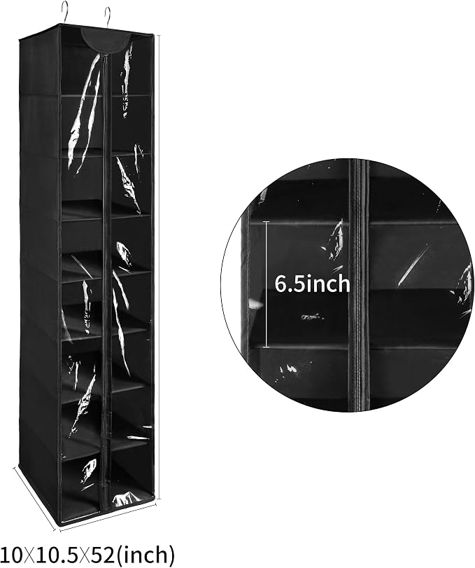 8 Tier Clear PVC Hanging Organizer With Zipper, Sweater Storage Shelves With Cover, Shoe Organizer for Closet, Black