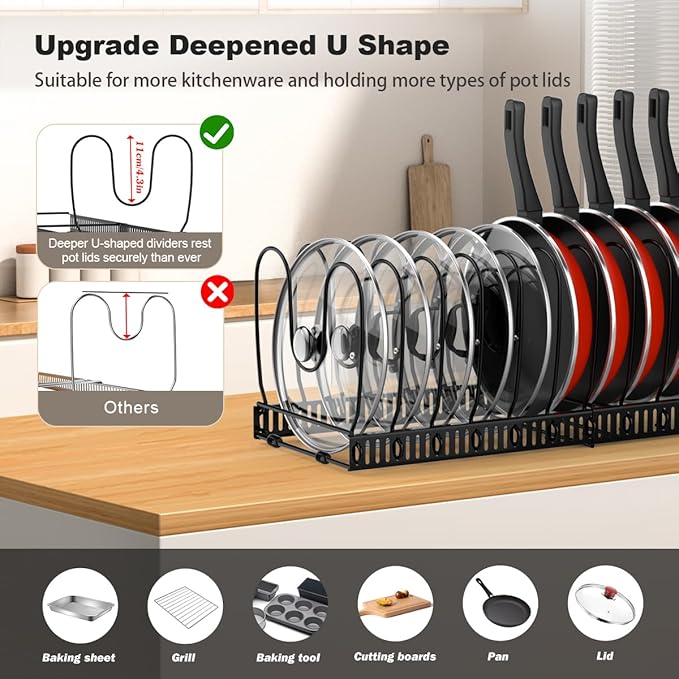 Housolution 2 Pack Pot and Pan Lid Organizer Holder Storage Rack, Black | 12"-23" Expandable, 14 Adjustable Dividers, Sturdy Metal Construction, Easy Assembly