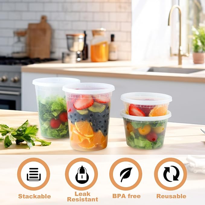 Deli Containers with Lids, 8/16/32oz, 48 Sets 【8,16,32oz 16 Each】 | BPA Free,Microwave Dishwasher Leakproof Freezer Safe,Takeout Soup Containers with Lids,Food Storage Containers with Lids