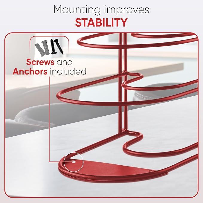Heavy-Duty Pots and Pans Organizer | 5-Tier Cookware & Lid Storage Rack | Free-Standing or Wall-Mount | Kitchen Organizer for Cast Iron Skillets, Pots, Frying Pans, Lids | Red