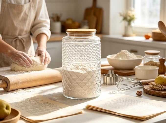 Prettidecor 1 Gallon Large Airtight Glass Storage Jars with Bamboo Lid, Kitchen Pantry Bathroom Laundry Room Organizer Canisters for Flour, Sugar, Cookie, Pasta, Rice, Snack, Coffee Bean, Cereal