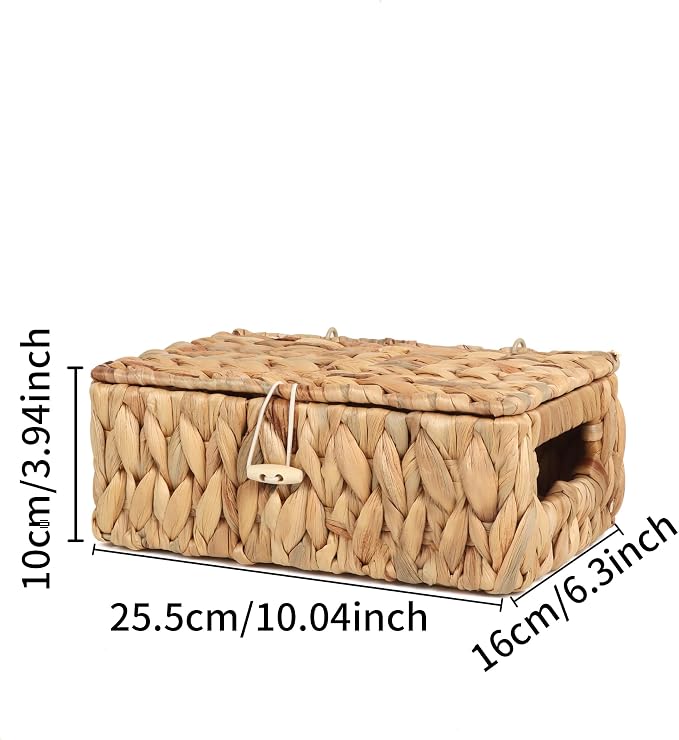 Moosky Wicker Shelf Baskets with Lid, Rectangular Storage Basket Bins with Handles Handwoven Home Desk Organizer Decor Boxes (Natural, X-Small)